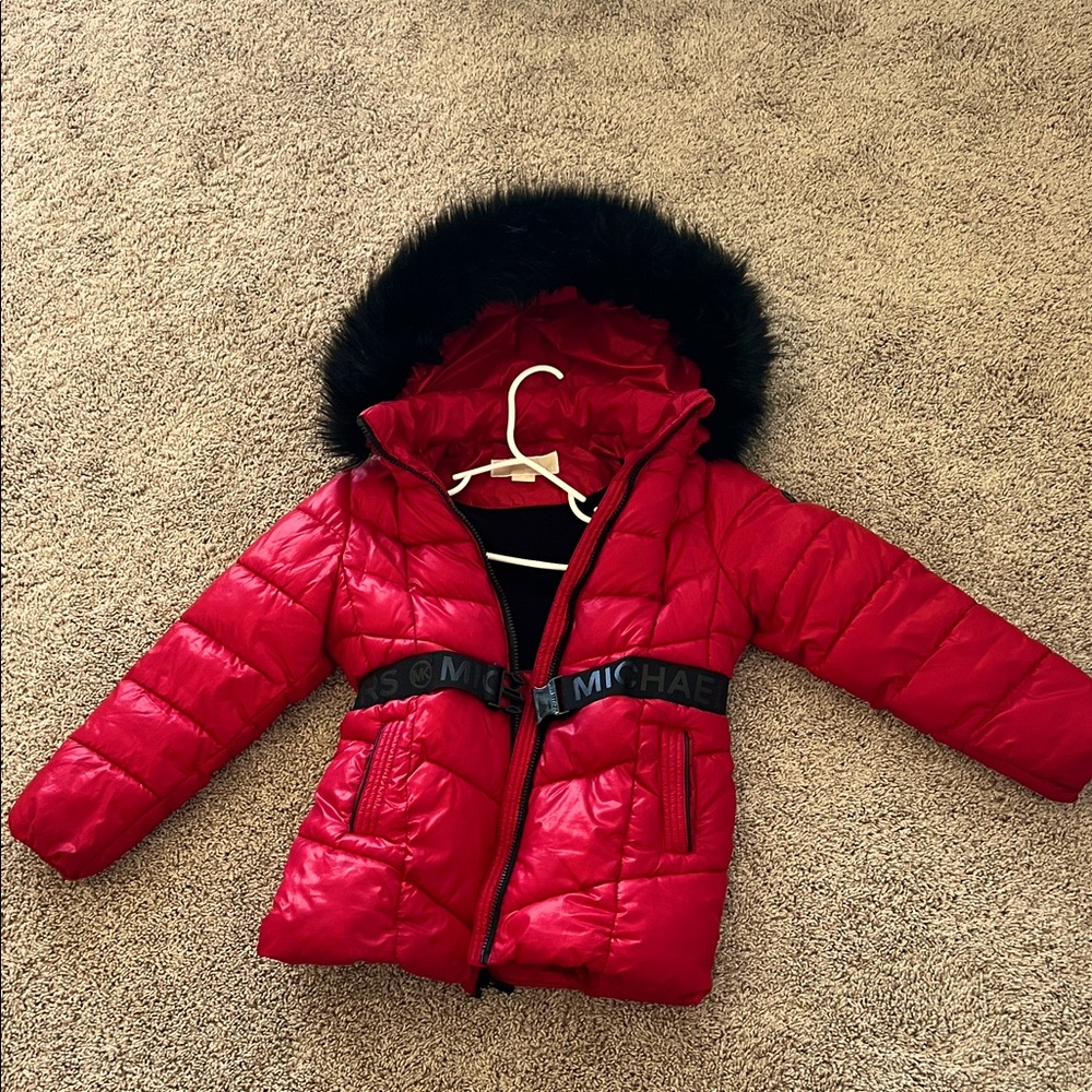Michael Kors Red Puffer Coat belted with Black Fur Trim